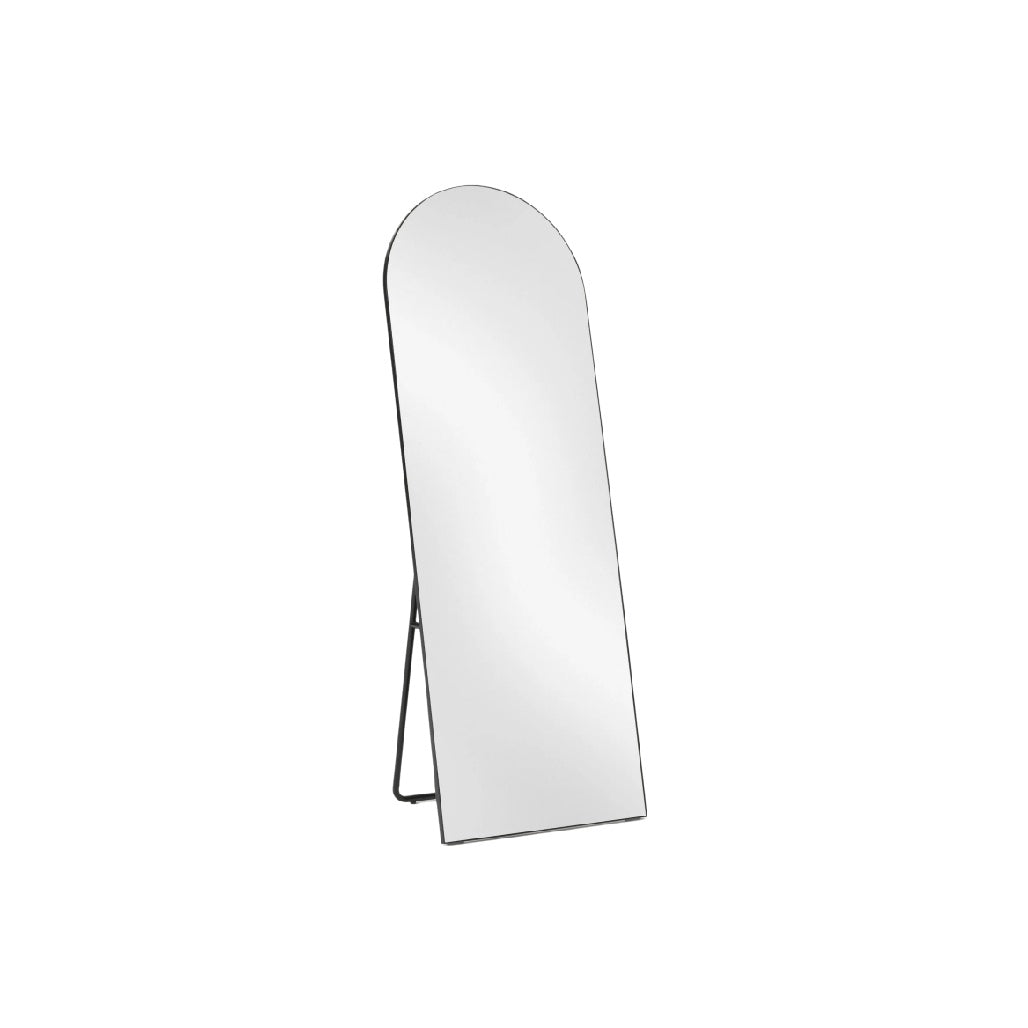 Specchio da terra con supporto inclinabile, design minimalista e arrotondato.